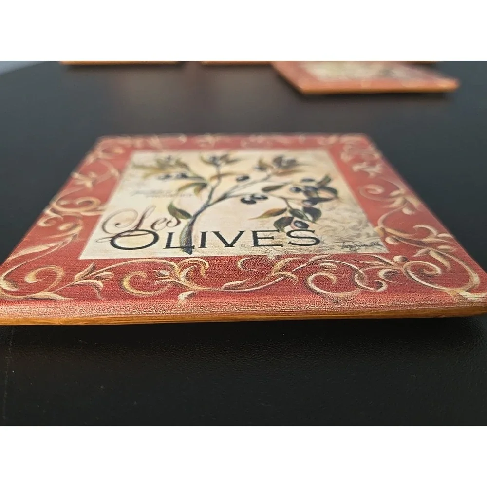 Les Olives Provence‎ Wooden Coasters Set of 8  Olive Scroll